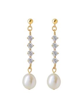 Gold and White Pearl Drop Earrings with Crystal Chain